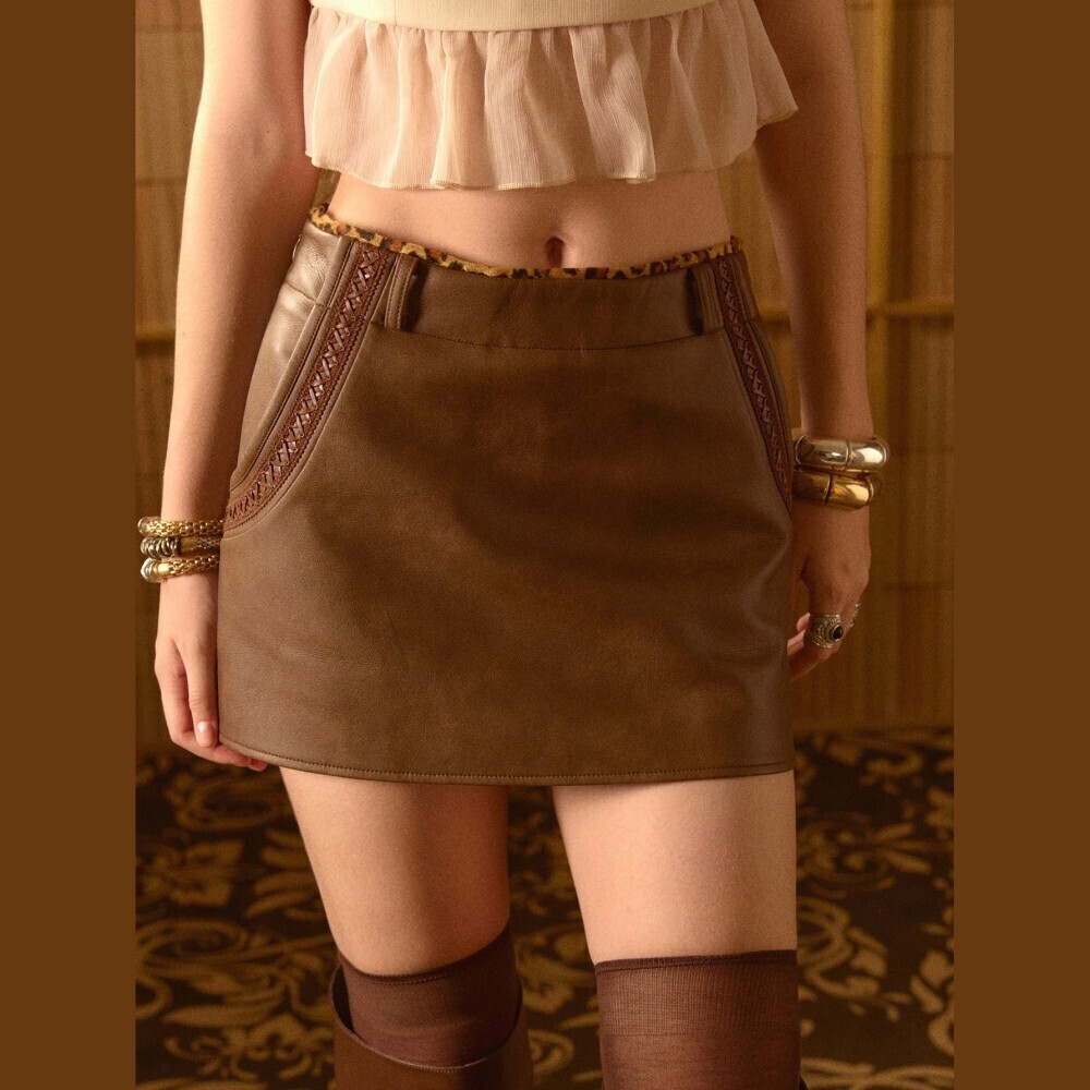 Brown Faux Leather Western Trim Pocket Mini Skirt